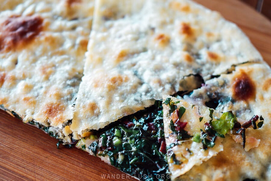 Mkhlovani, a Georgian pie stuffed with spinach and cheese.