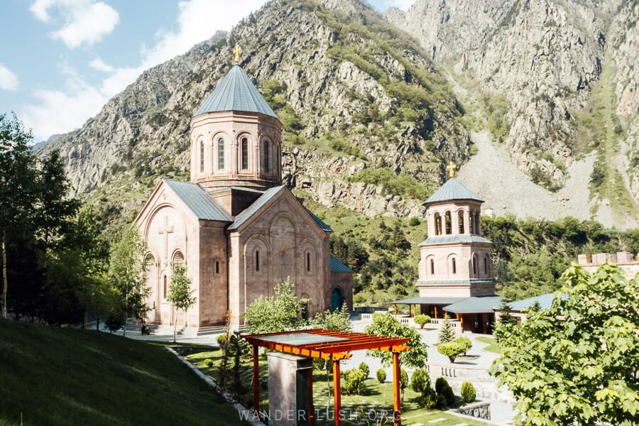 Dariali Monastery, a complex with a stone church and a belltower near the Georgian-Russian border.