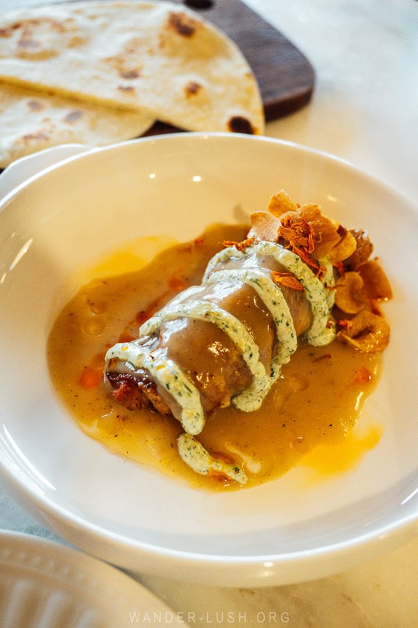 A fine dining chicken roulette served at an eatery in Kazbegi.