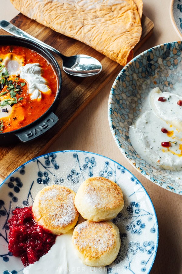 Colourful plates of breakfast food in Kazbegi at Restaurant Tiba.