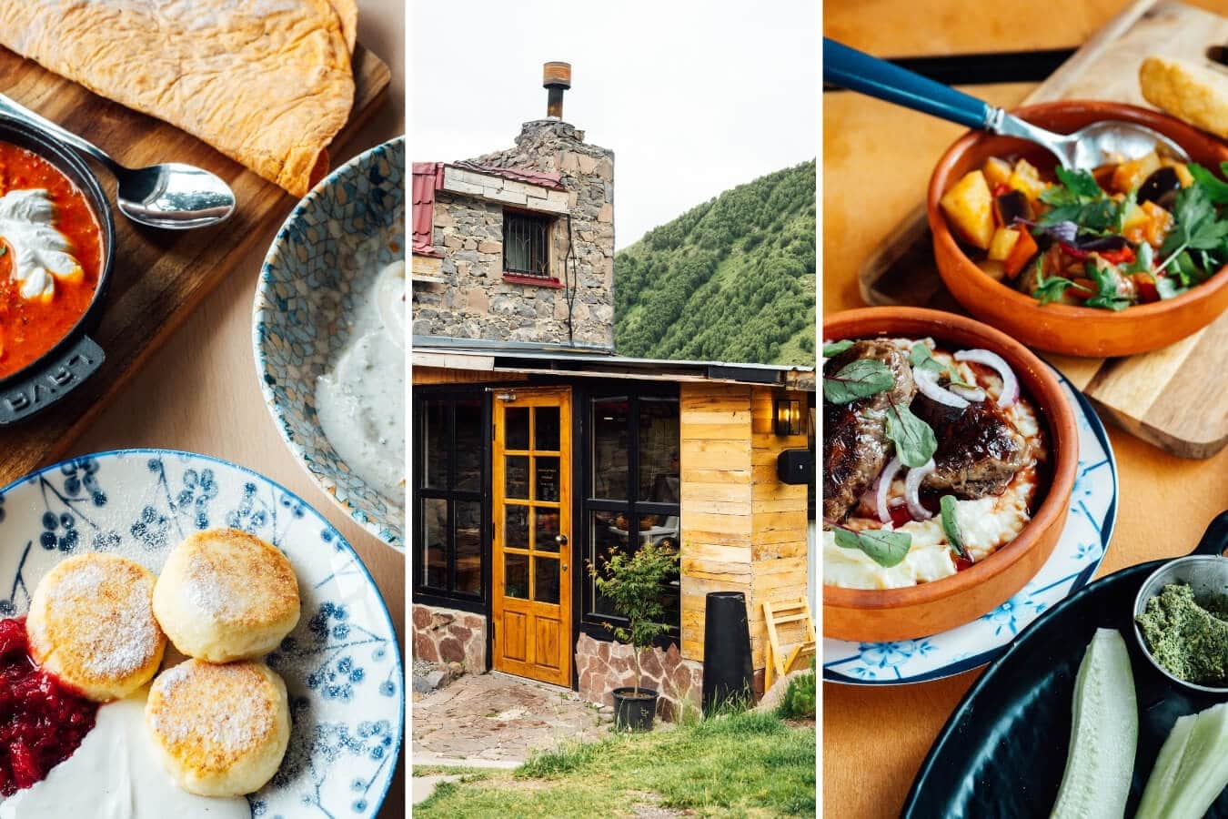 Three beautiful restaurants in Kazbegi, Georgia.