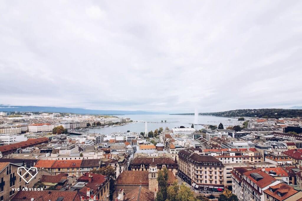 Aerial view of Geneva on a cloudy day.