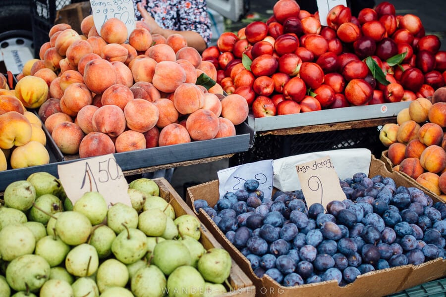 Boxes of colourful fruit at a market in Tbilisi, Georgia.