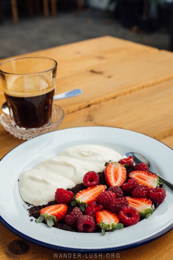 Dessert of custard and berries at Saghighino in Tbilisi.