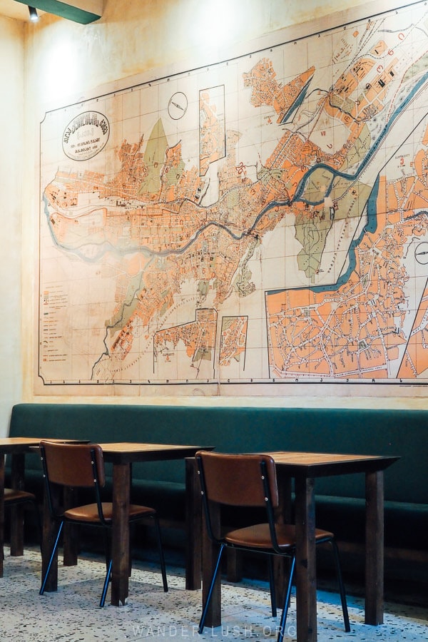 Khash Khash, a new restaurant in Tbilisi with a big map of Tbilisi on the wall.