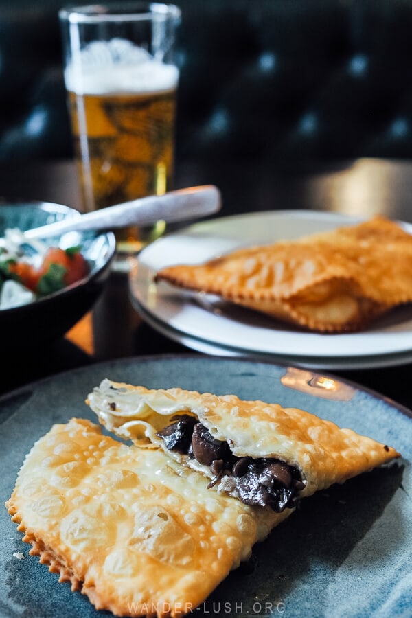 Two chebureki, deep fried pastry turnovers, at Vakhtanguri's in Tbilisi.