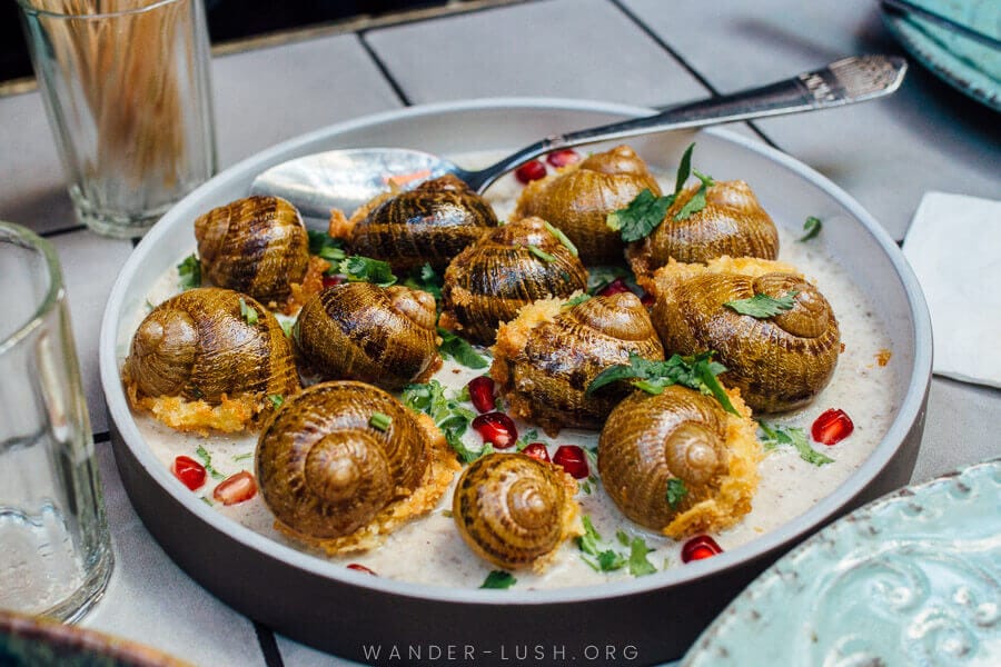 Georgian-style snails at Chveni restaurant, a Mesketian specialty dish served with pomegranate and fresh herbs.