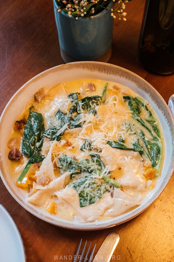 Georgian pasta, a dish from Meskheti region served in a creamy sauce at a restaurant in Tbilisi.