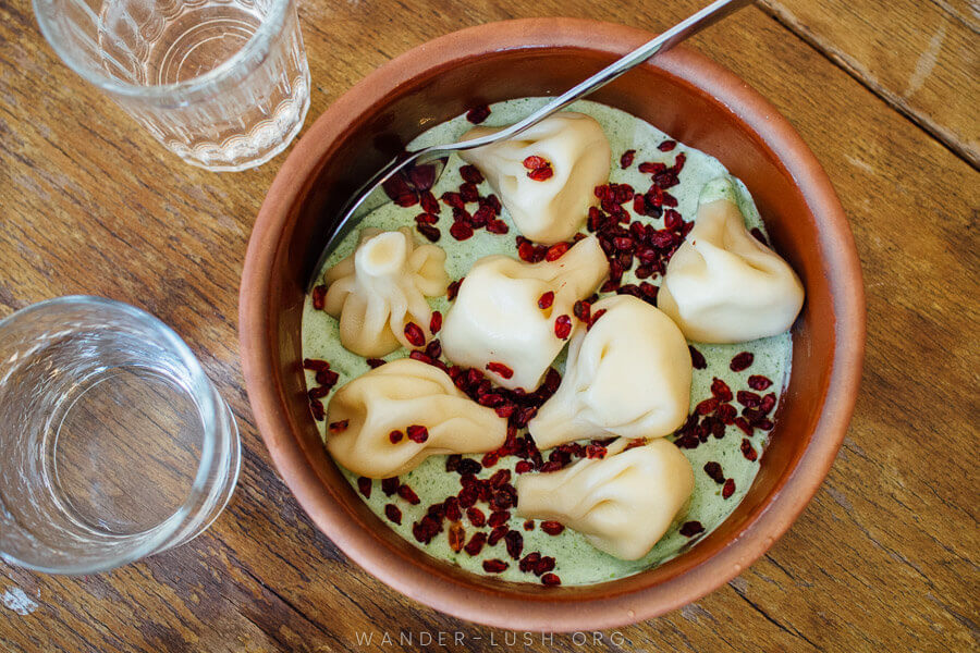 Georgian Khinkali dumplings served in a clay bowl at The King and The Bird.