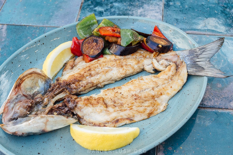 Grilled Black Sea fist at Barbatus, a fresh seafood restaurant in Tbilisi.