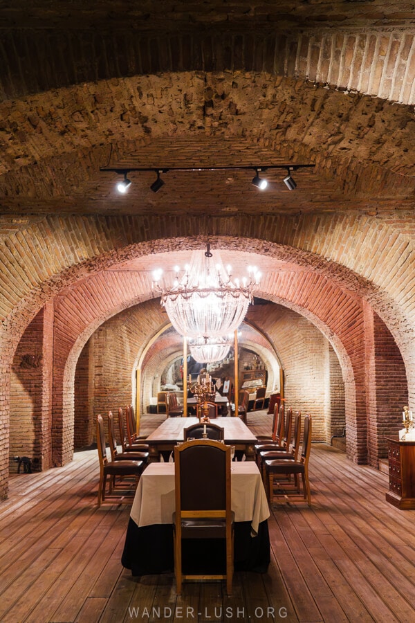 Vaulted brick dining room at Restaurant Archive inside the Wine Museum in Tbilisi.