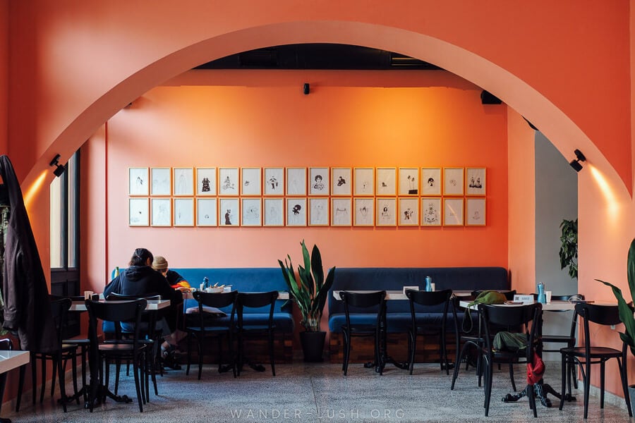 The pink interior of a beautiful cafe in Tbilisi. Cafe Daphna.