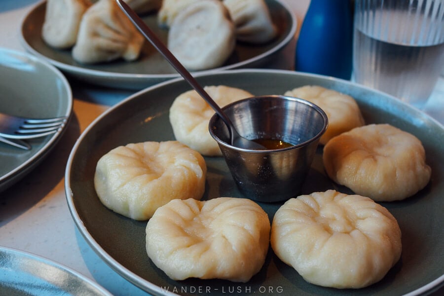 A plate of Khinkali dumplings at Cafe Daphna in Tbilisi.