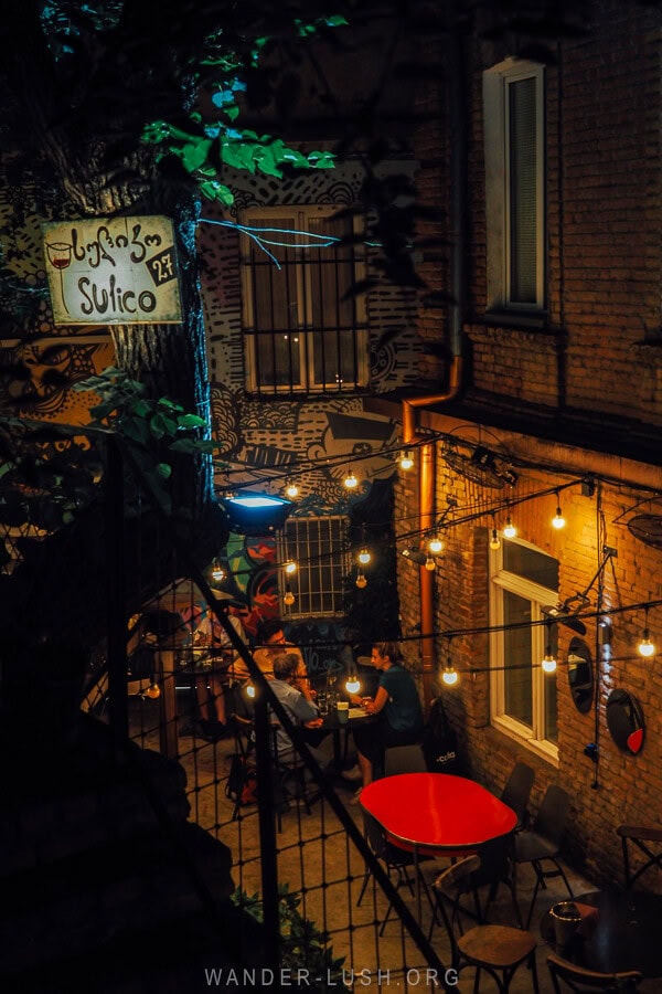 The sunken courtyard at Sulico wine bar in Tbilisi, Georgia.