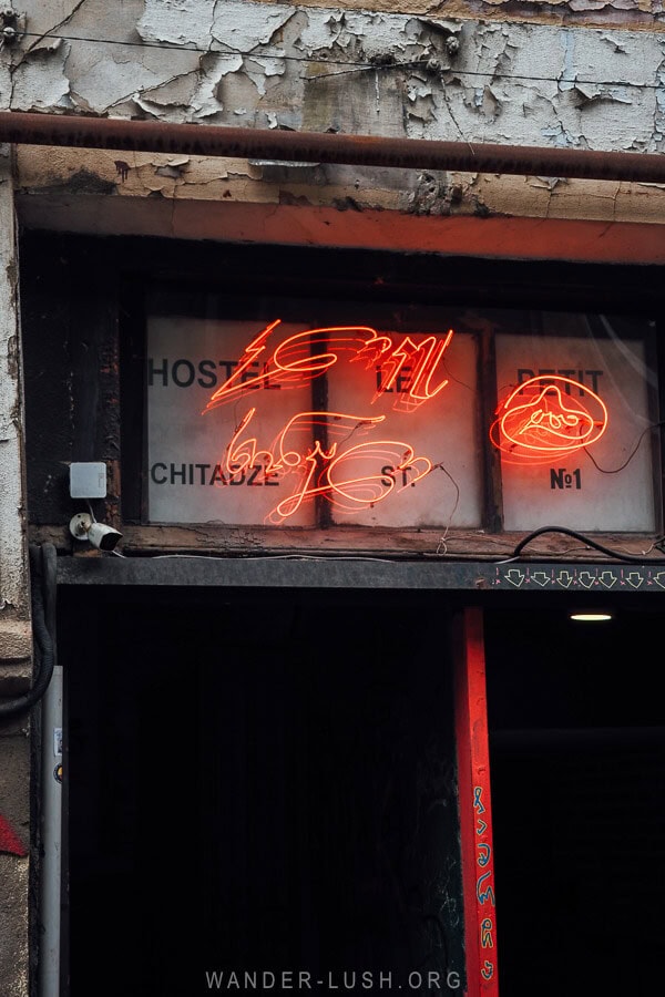 Neon khinkali sign for Klike's Khinkali restaurant in Sololaki.