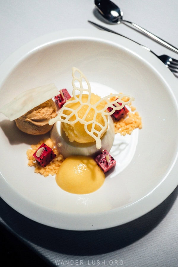 A beautifully presented dessert at a haute-cuisine restaurant in Tbilisi.