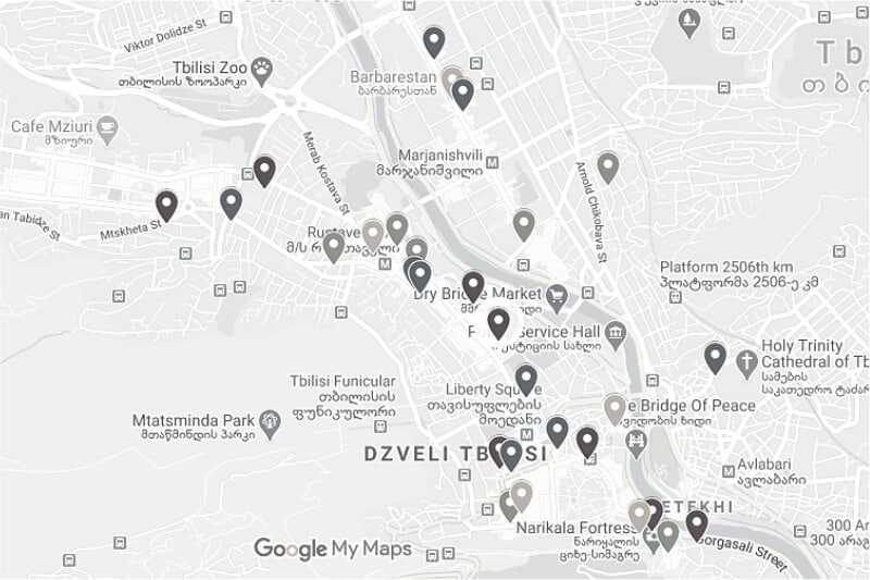 Map of the best restaurants in Tbilisi, Georgia.