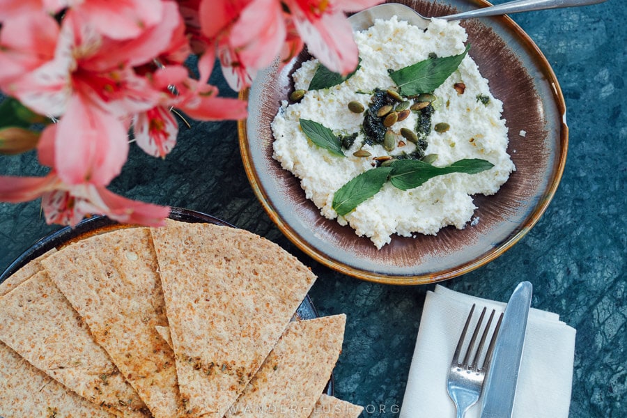 A bowl of creamy cheese with lavash chips at Cafe Littera in Tbilisi.