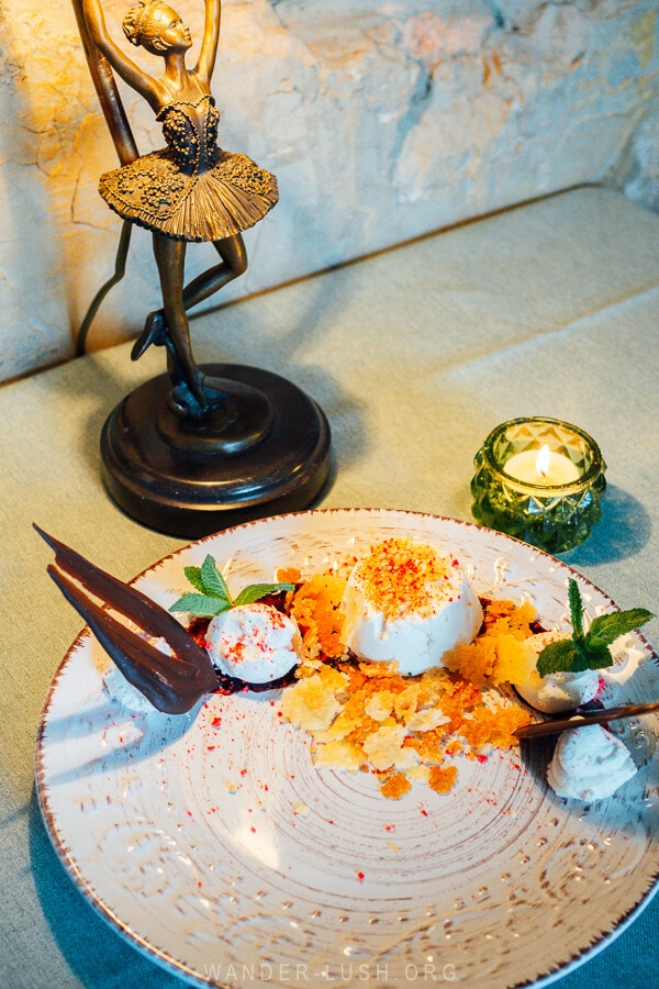 Gourmet dessert at Zala Restaurant in Tbilisi, Georgia.