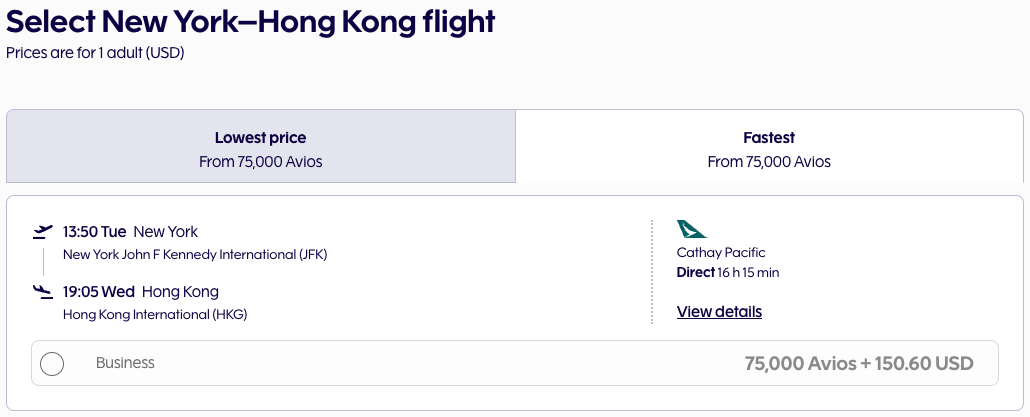 New York to Hong Kong on Cathay Pacific using Finnair Avios