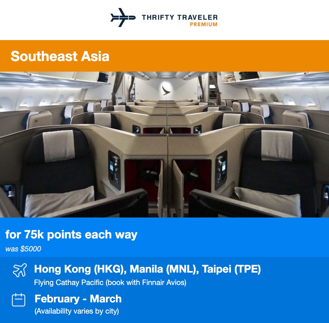 Thrifty Traveler Premium SE Asia biz class deal