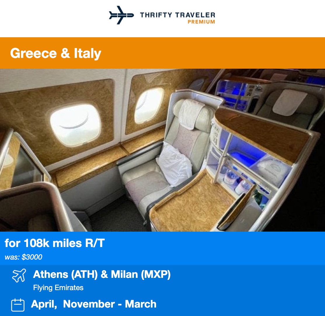 Thrifty Traveler Premium Emirates biz class deal to Greece and Italy 