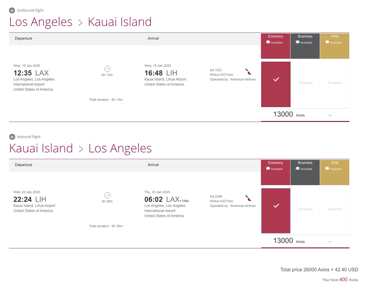 Qatar Airways LAX-LIH American award flight