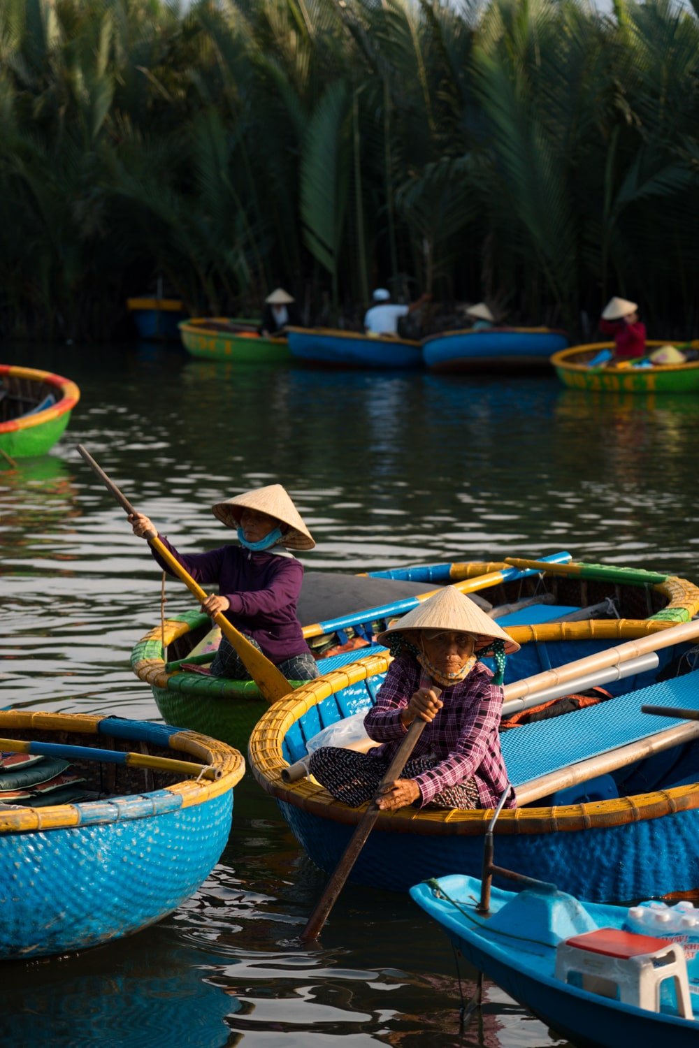 Vietnamese local women rowing basket boats in Thu Bon River, Bay Mau Coconut Village, Hoi An, Vietnam.