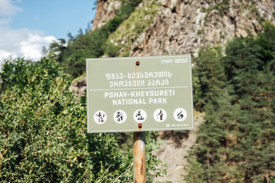 A sign for Pshav-Khevsureti National Park in Georgia.