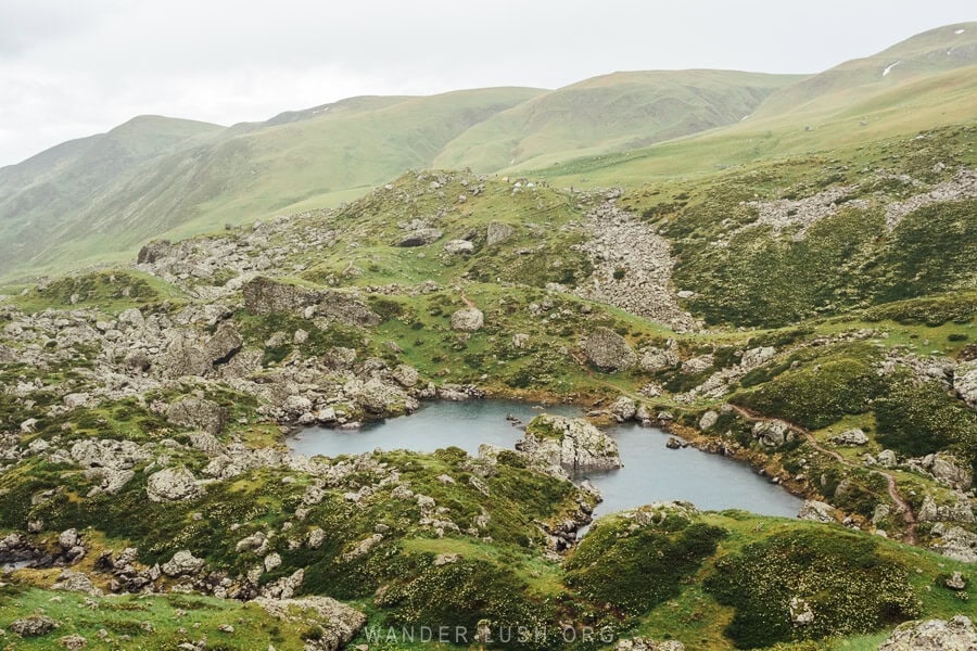 Abudelauri Blue Lake, one of the three lakes seen on the hike from Roshka to Mount Chaukhi.