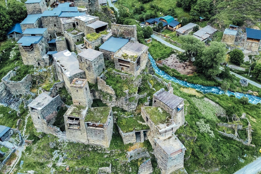 A drone shot of Shatili, a fortified village in the highlands of Georgia.