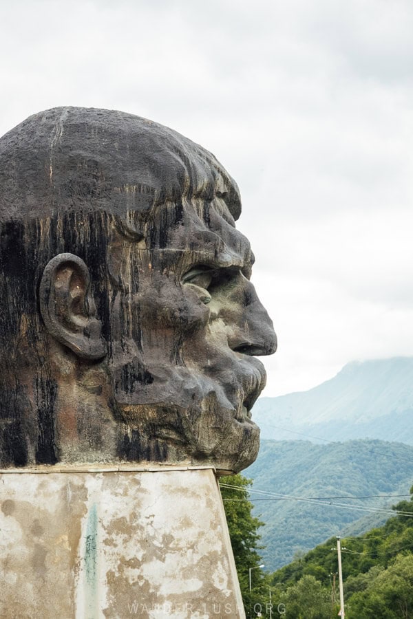 A. bust of a man in front of The Vazha-Pshavela House Museum in Georgia.