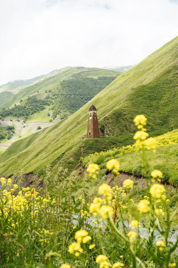 An ancient watchtower in the Caucasus mountains in Georgia.