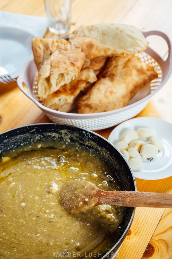 A pan of warm khachoerbo, cheese and ghee mountain dish served at a restaurant in Pshavi, Georgia.