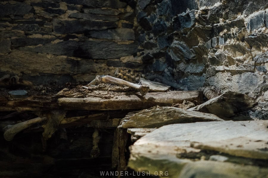 Bones on a stone platform at the Anatori Necropolis in Georgia.