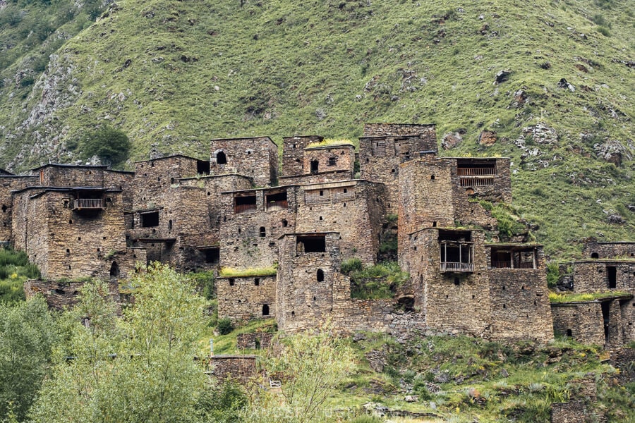 A cluster of stone towers on a mountainside in Shatili.