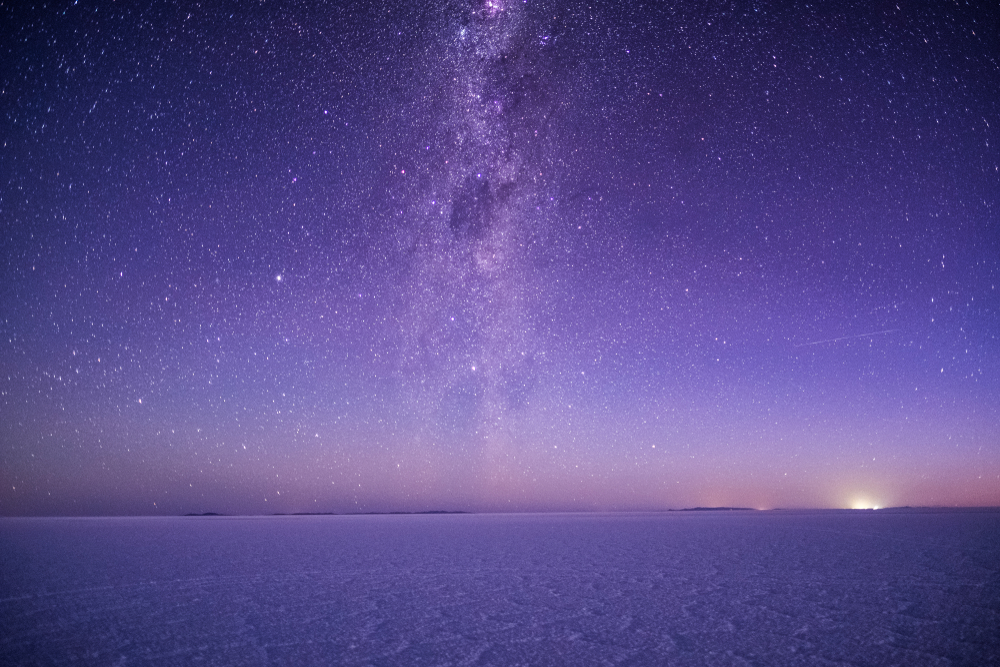 Salar de Uyuni salt flat during the starry night, Bolivia