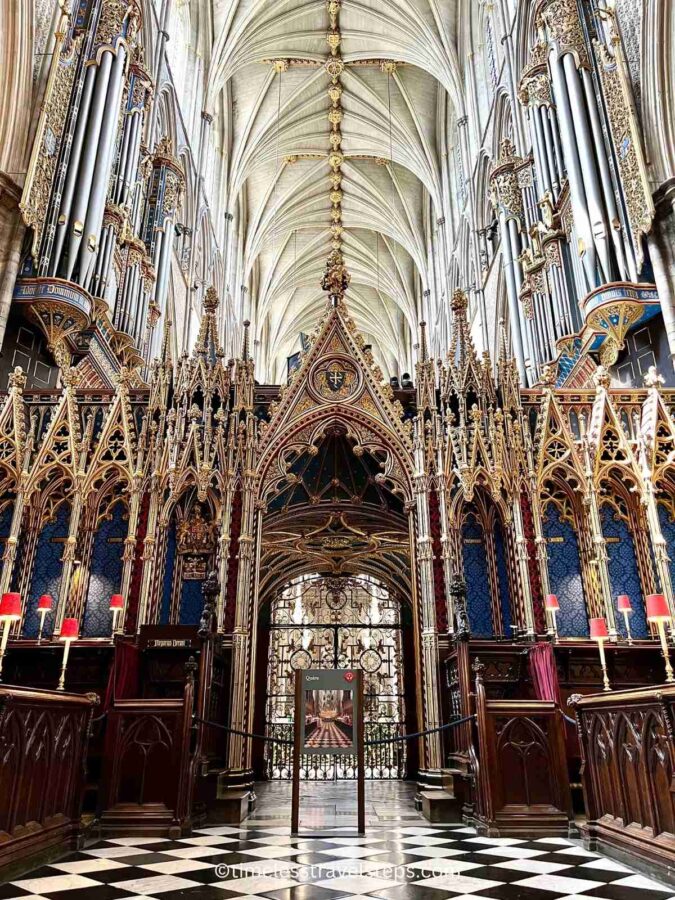 Image of the area behind the screen viewed from the Quire at Westminster Abbey, featuring a space with ornate decoration and a beautifully detailed ceiling, highlighting the intricate craftsmanship and Gothic design
