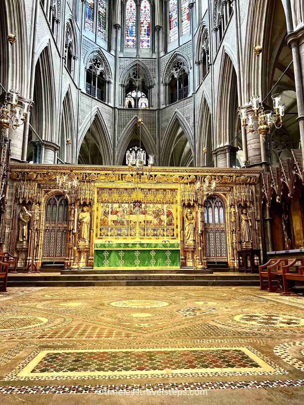 Image of the high altar at Westminster Abbey, featuring the intricate and colorful Cosmati floor, renowned for its beautiful and detailed mosaic design
