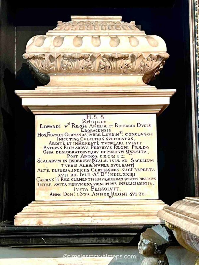 Innocents' Corner in Westminster Abbey, featuring an urn containing the bones of the young princes found at the Tower of London, placed in an elevated position against the wall. The urn is adorned with detailed carvings, reflecting its historical significance
