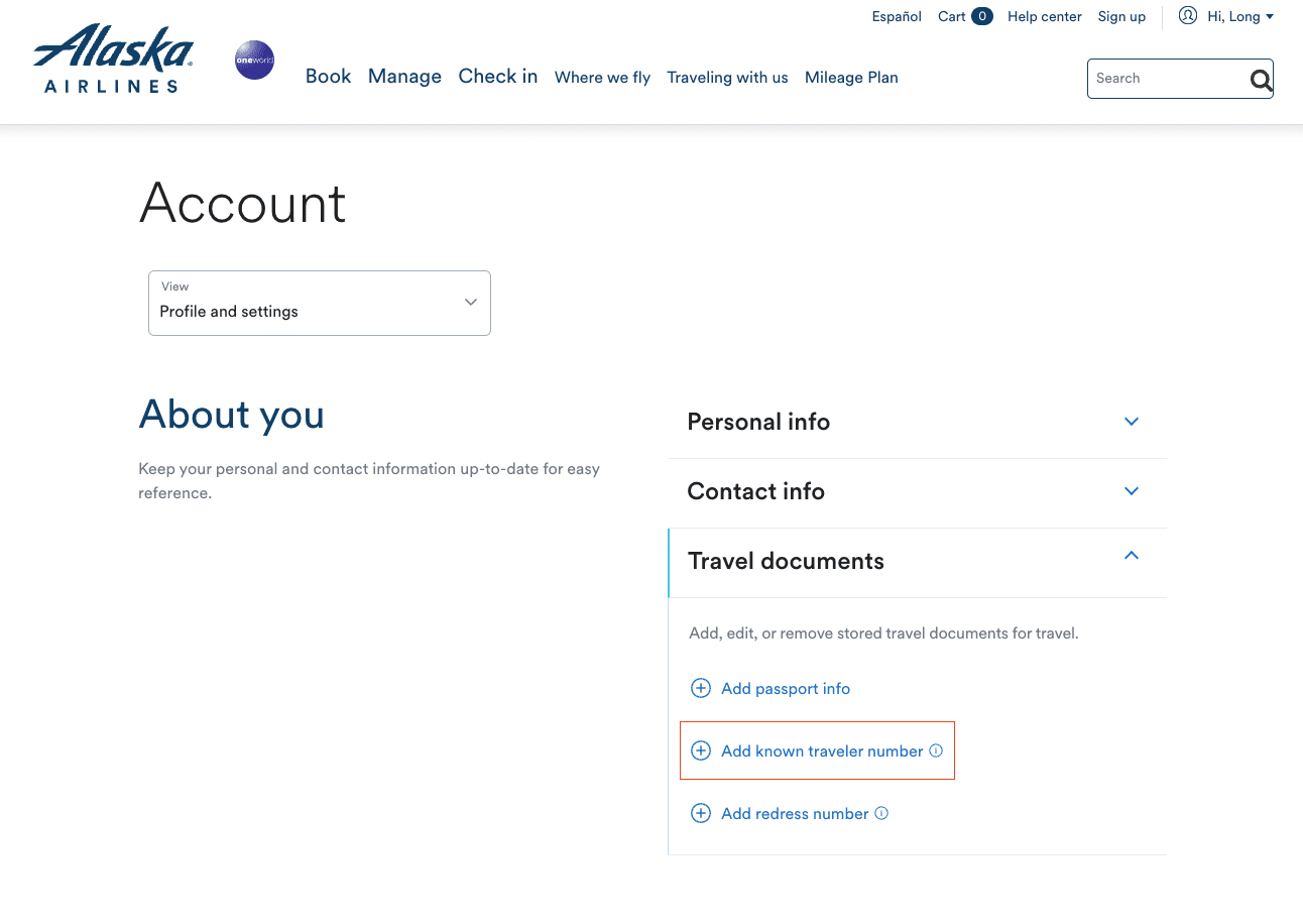 Alaska Airlines frequent flyer account settings