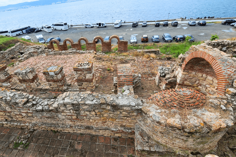 The crumbled remains of what was once a mighty Basilica: Holy Mother Eleusa Church, beside the sea in Nessebar Bulgaria.