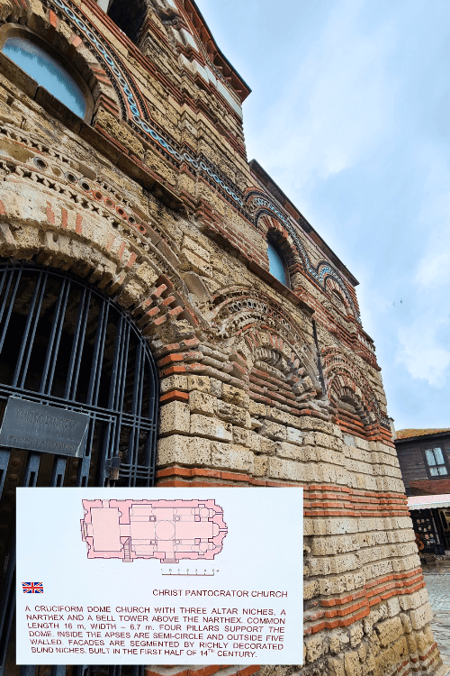 Another traditional Byzantine style church: Christ the Pantocrator, built in layers of red and white brick and stone with peaks of glass inside some of the arches. An iron gate is prominent in the front of the Church. A map of the original church is included in the photo.