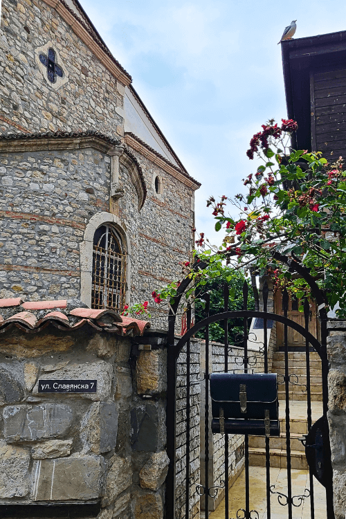 Side view of the tall and tidy looking church of dormition of Theotokus in Nessebar Bulgaria