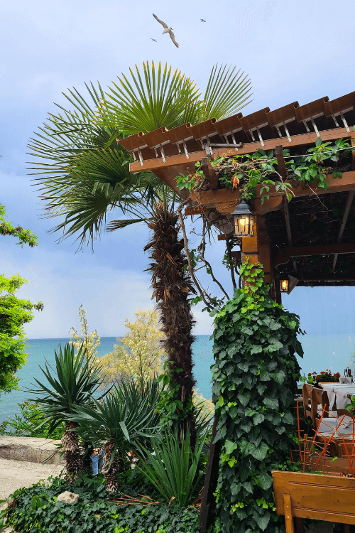 A gazebo with vines running up the poles and the sea in the background in beautiful Nessebar Bulgaria