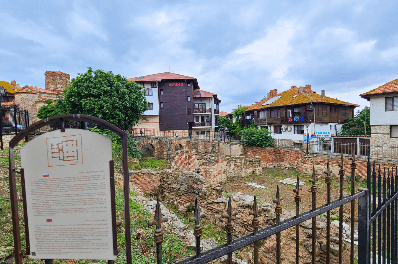 The ruins of the Roman Baths in Nessebar are now little more than a few short stone walls inside a fenced yard.