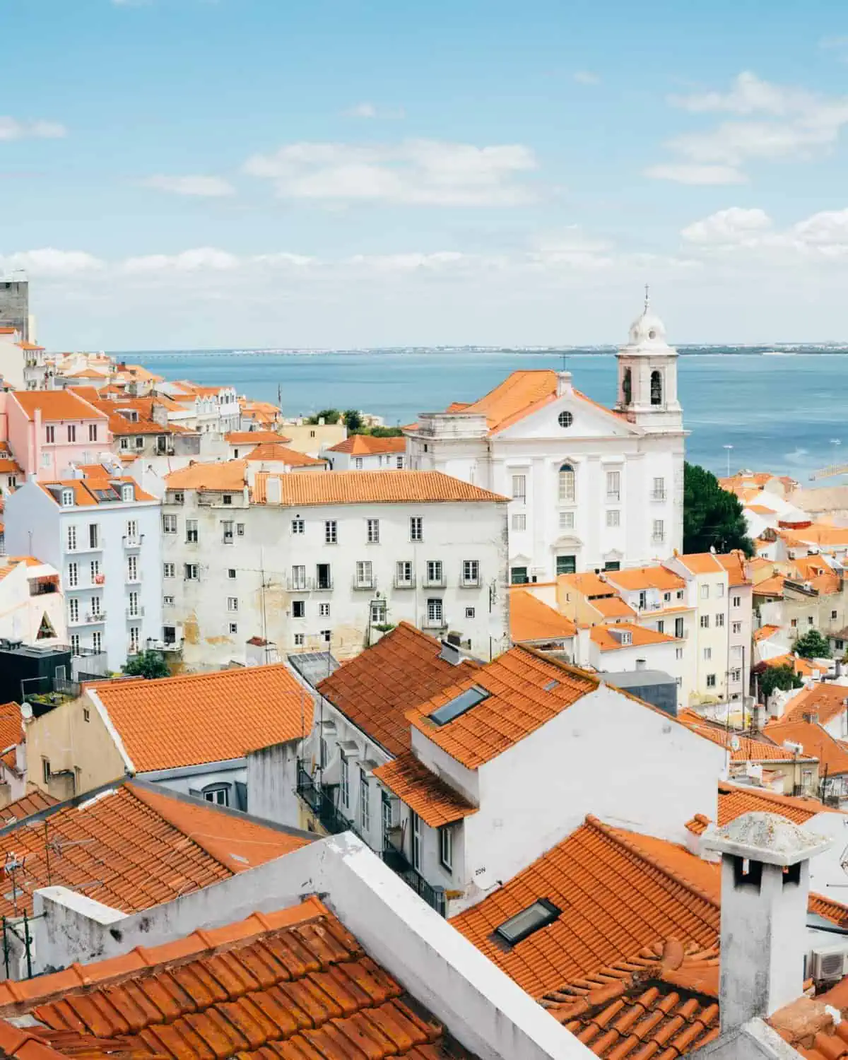 Rooftops and ocean in the background in Lisbon, Portugal