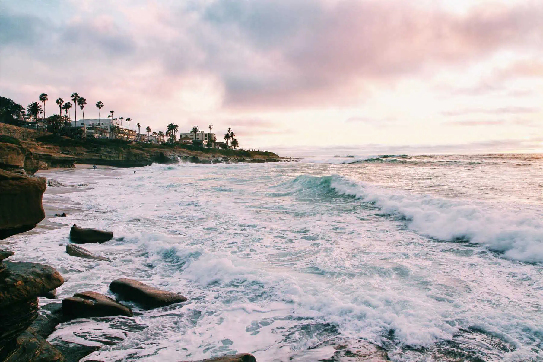 Waves crashing on the shore in San Diego, California with palm trees along the shoreline