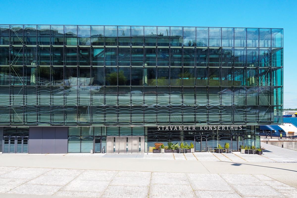 Stavanger Concert Hall reflecting waterfront views, modern architecture in Stavanger, Norway