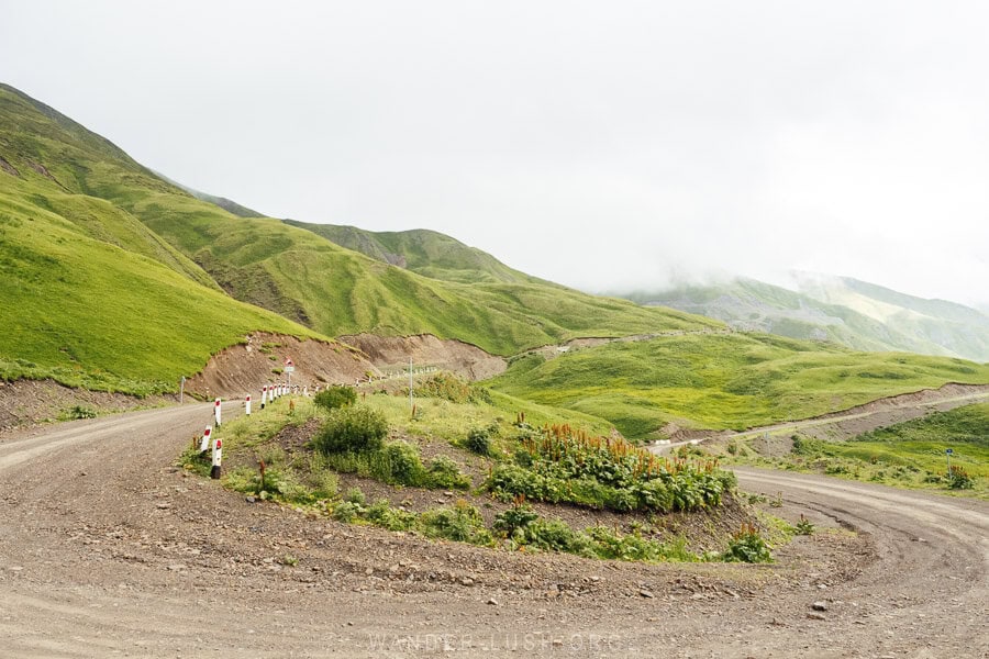 A turn in the road to Shatili and Mutso, with beautiful green hills all around in late spring.